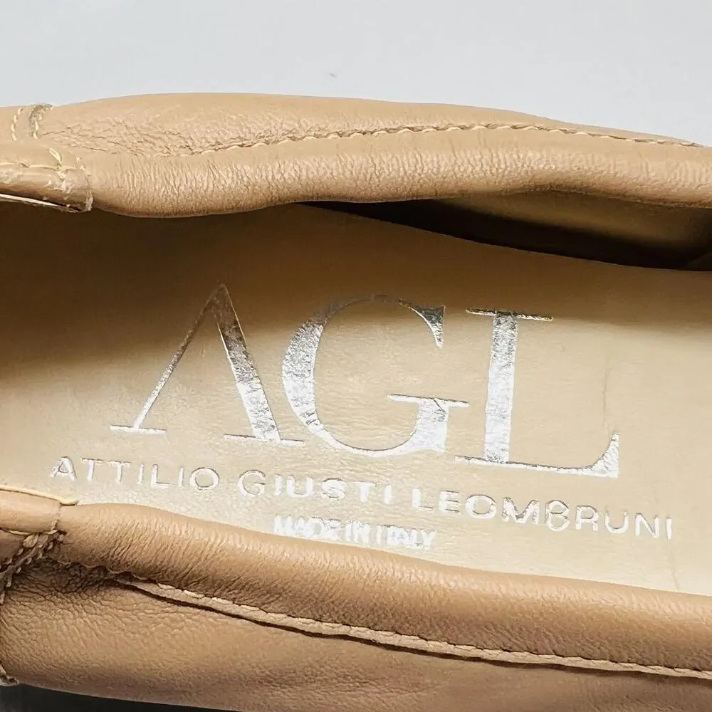 AGL Shoes Womens 10.5 Beige Leather Snake Cap Toe Gold Bit Flats Slip On Casual